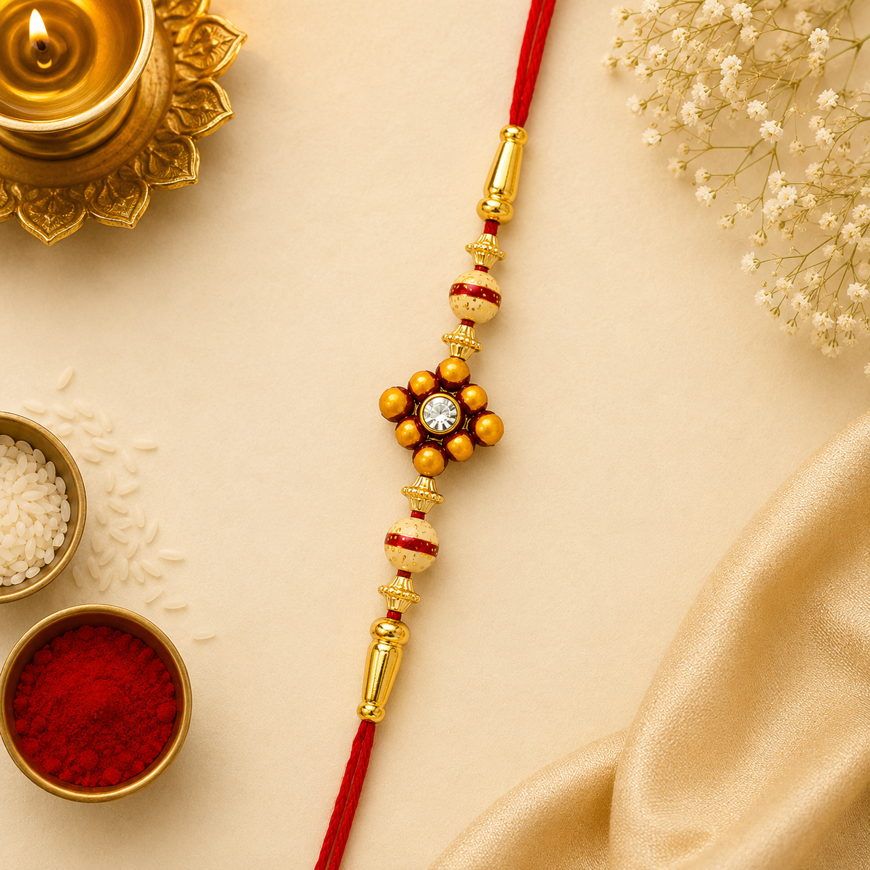 Designer Beaded Rakhi with Golden Floral Charm | Red Thread