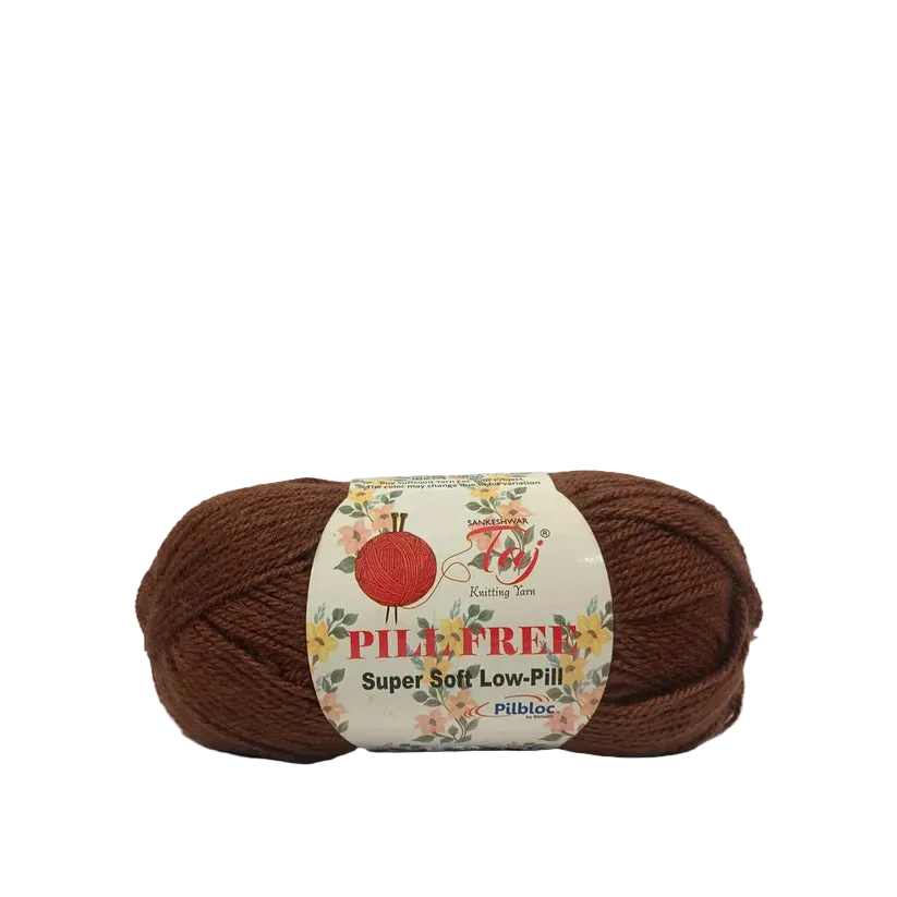 A skein of brown yarn with a white label that reads 'Tula Pink'