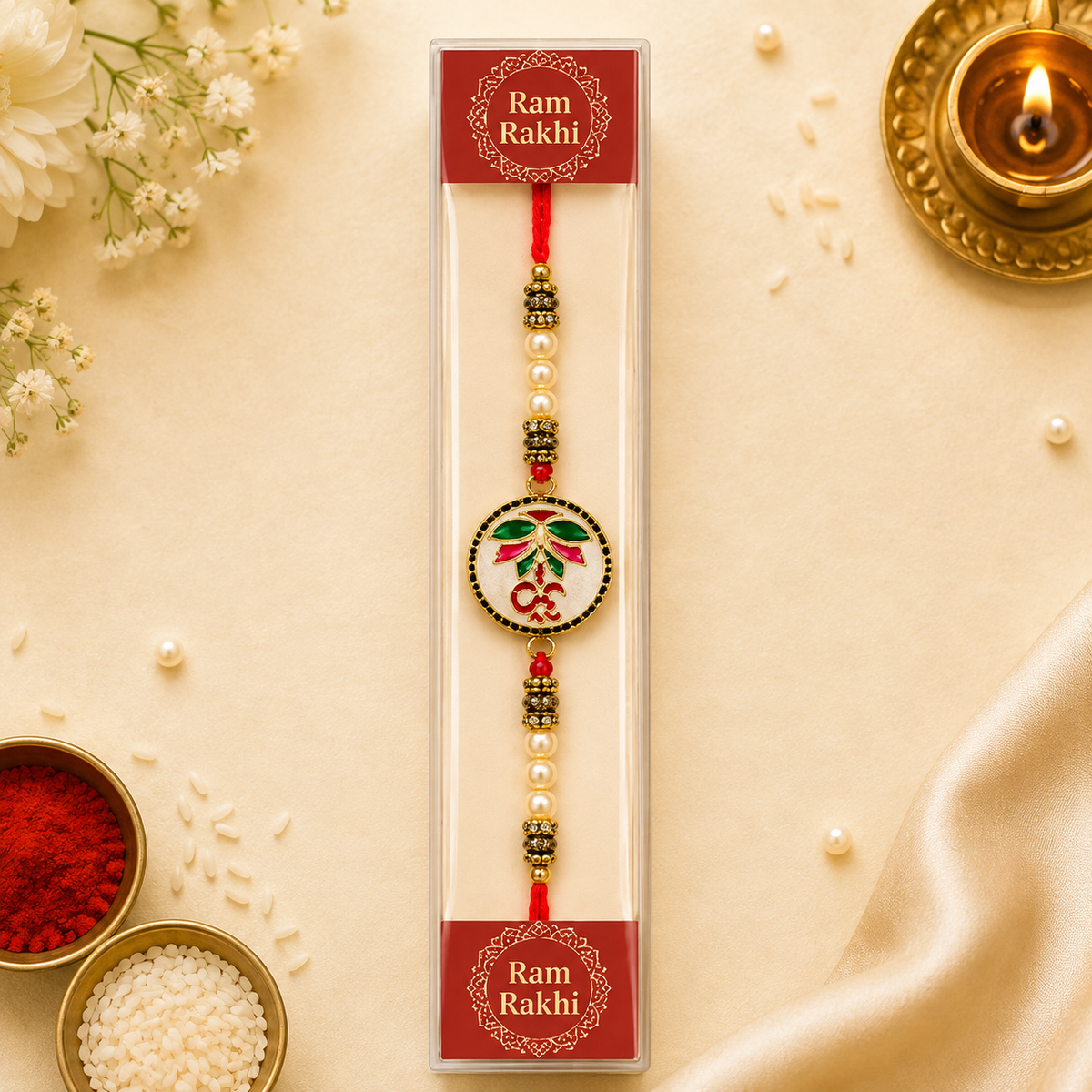 Elegant Ram Rakhi with Pearl Beads & Traditional Om Design Rakhi