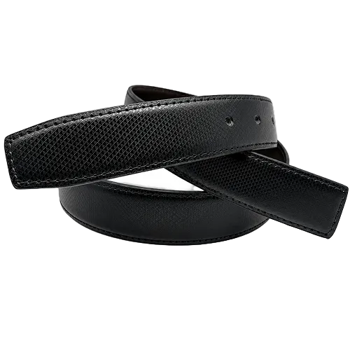 A black textured leather belt coiled in a loop