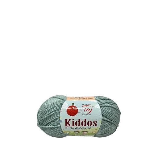 A single skein of teal-green yarn with a paper label reading 'Kiddos Toddler's Special'