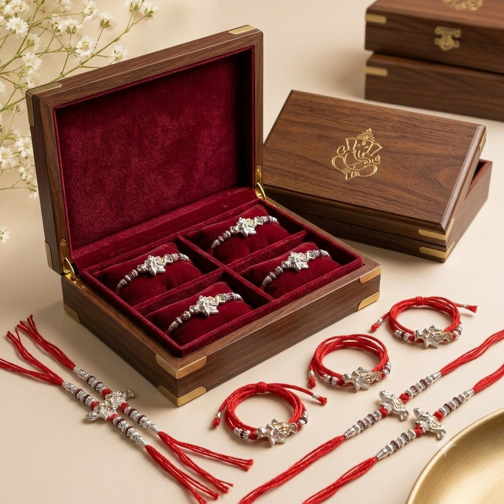 Premium Silver Krishna Rakhi Set (Pack of 12) with Velvet Wooden Box