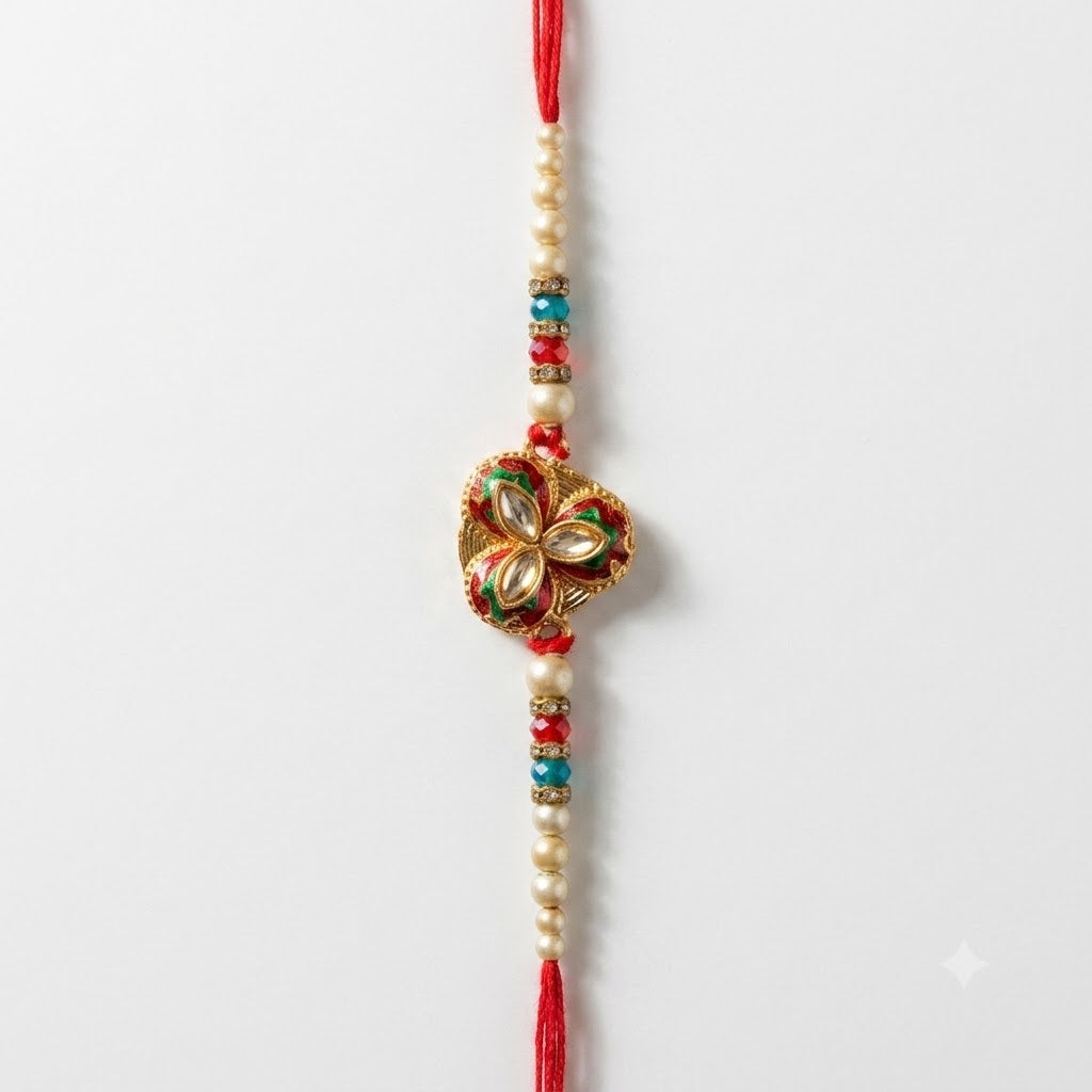 Handcrafted Meenakari Floral Kundan Rakhi Set (Pack of 12) with Wooden Velvet Box