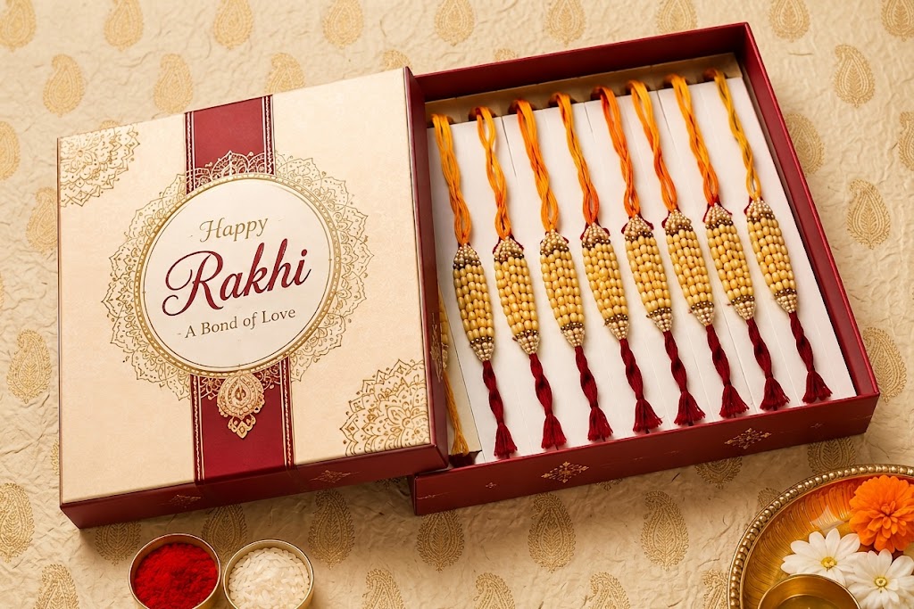 Premium Handmade Beaded Rakhi Gift Box (Half Dozen Pack) | Designer Pearl Rakhi Set for Brother
