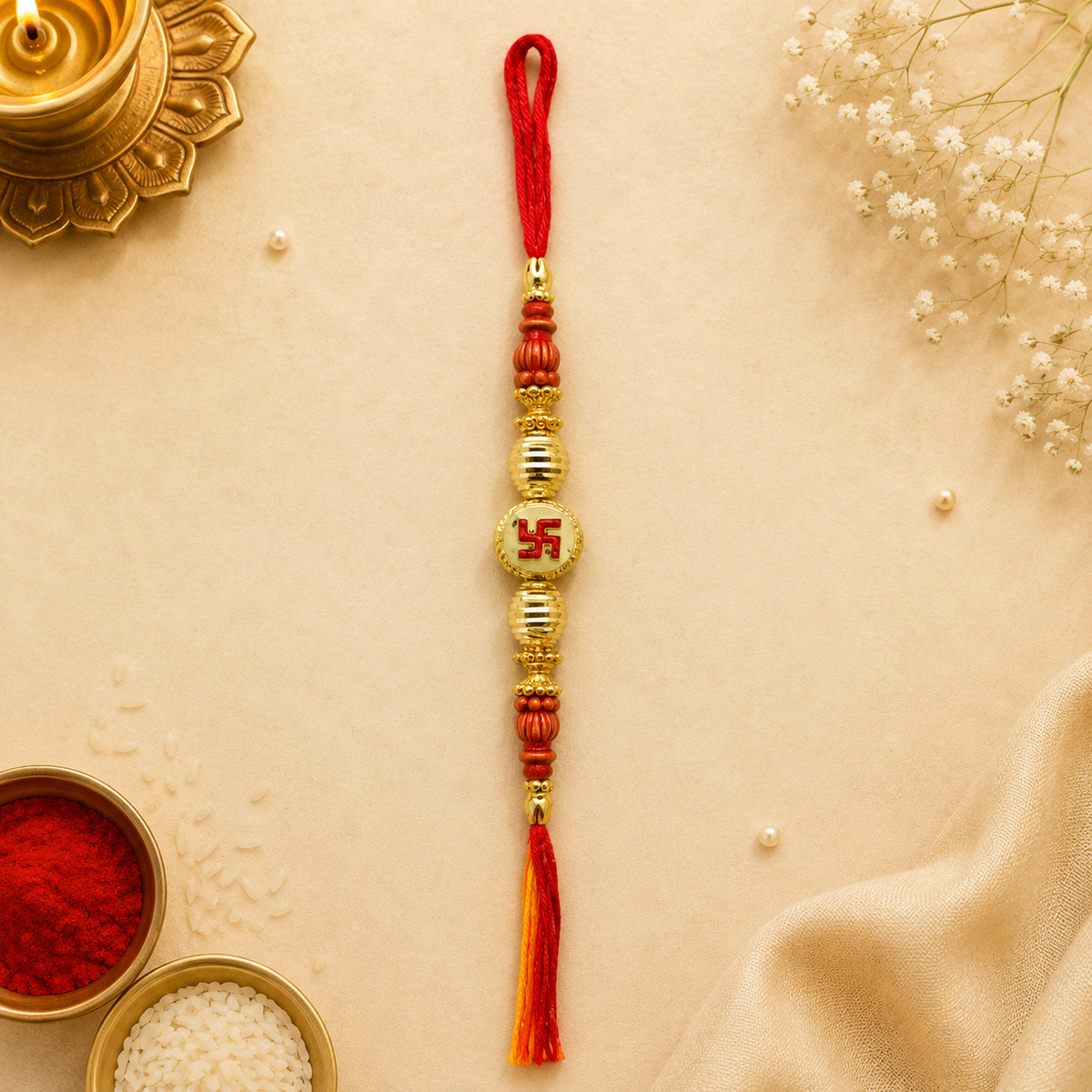 Traditional Red & Gold Swastik Rakhi for Brother
