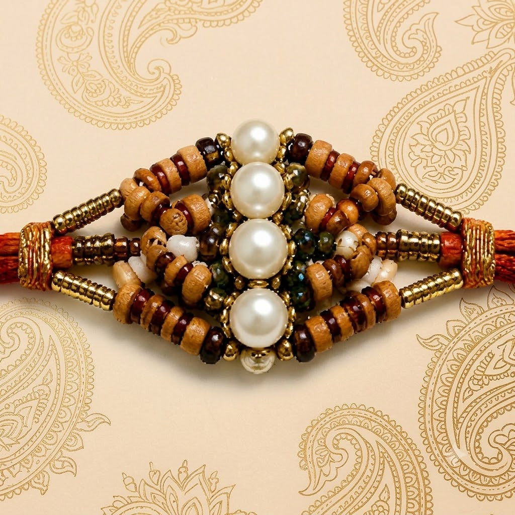 Handmade Pearl & Wooden Beads Designer Rakhi | Premium Traditional Raksha Bandhan Rakhi