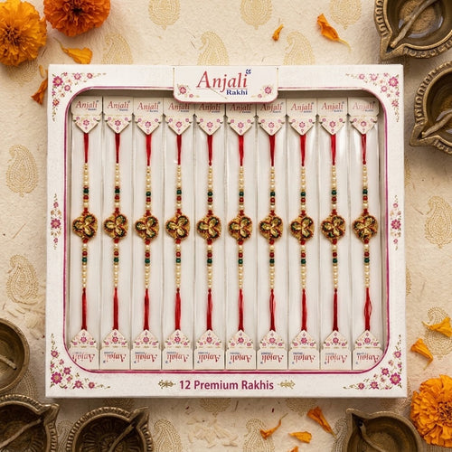 12 Designer Pearl Rakhi Set | Premium Traditional Rakhi Pack for Raksha Bandhan