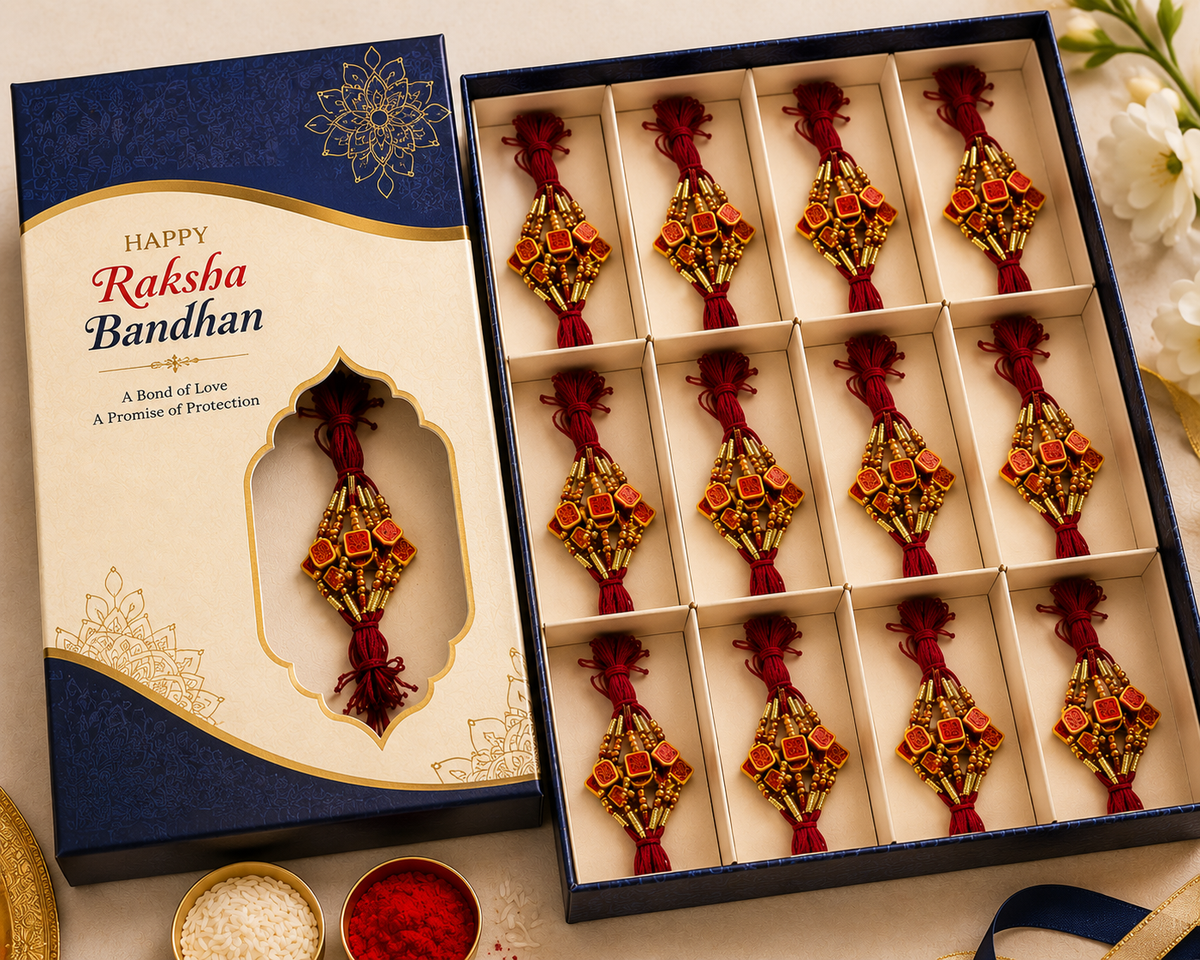 A boxed set of 12 Rakhi threadwoven bangles displayed next to their navy and cream gift box. 