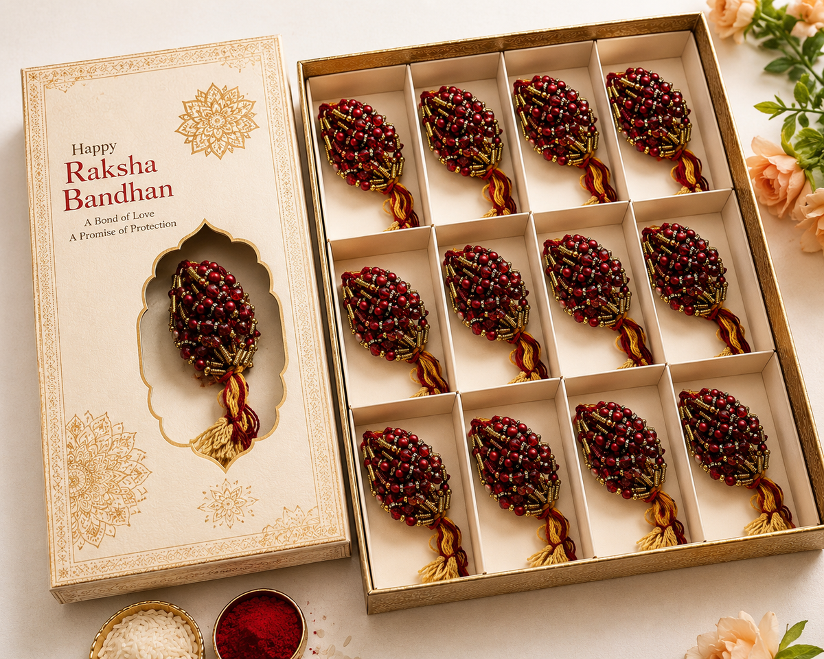 A boxed set of Raksha Bandhan decorative  beside the gift box. 