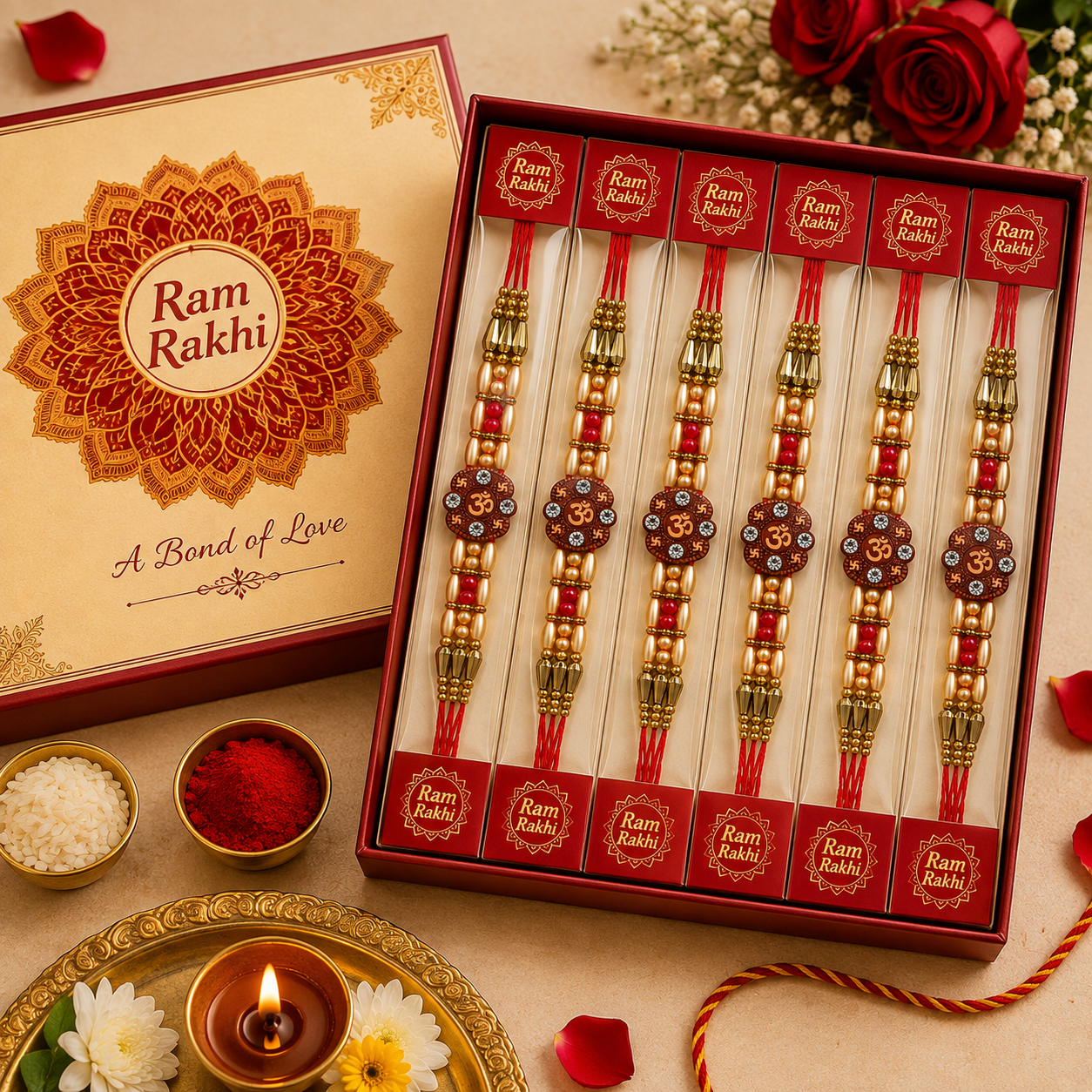 A boxed set of five Rakhi wristlets displayed open beside the branded gift box.