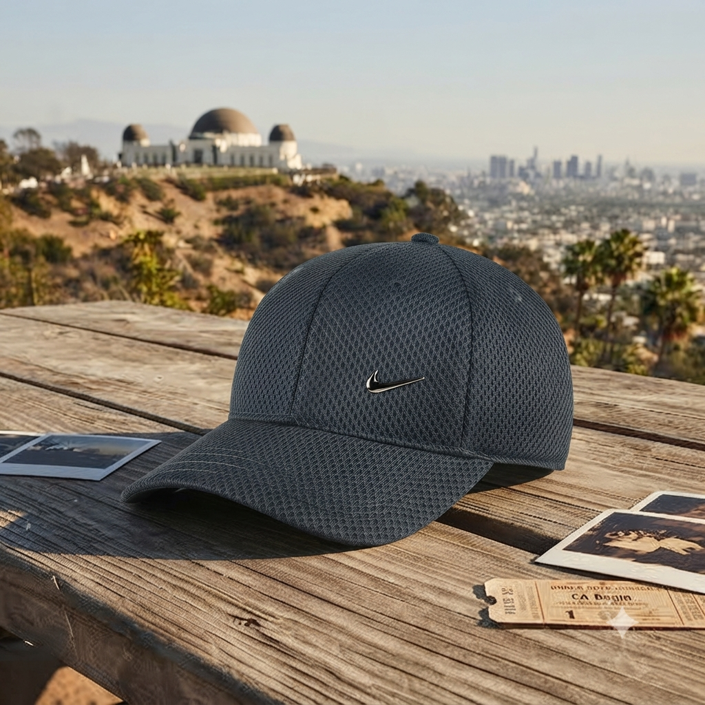 A dark gray Nike baseball cap with a small metallic swoosh logo, resting on a weathered wooden table with Los Angeles city and Griffith Park views in the background.