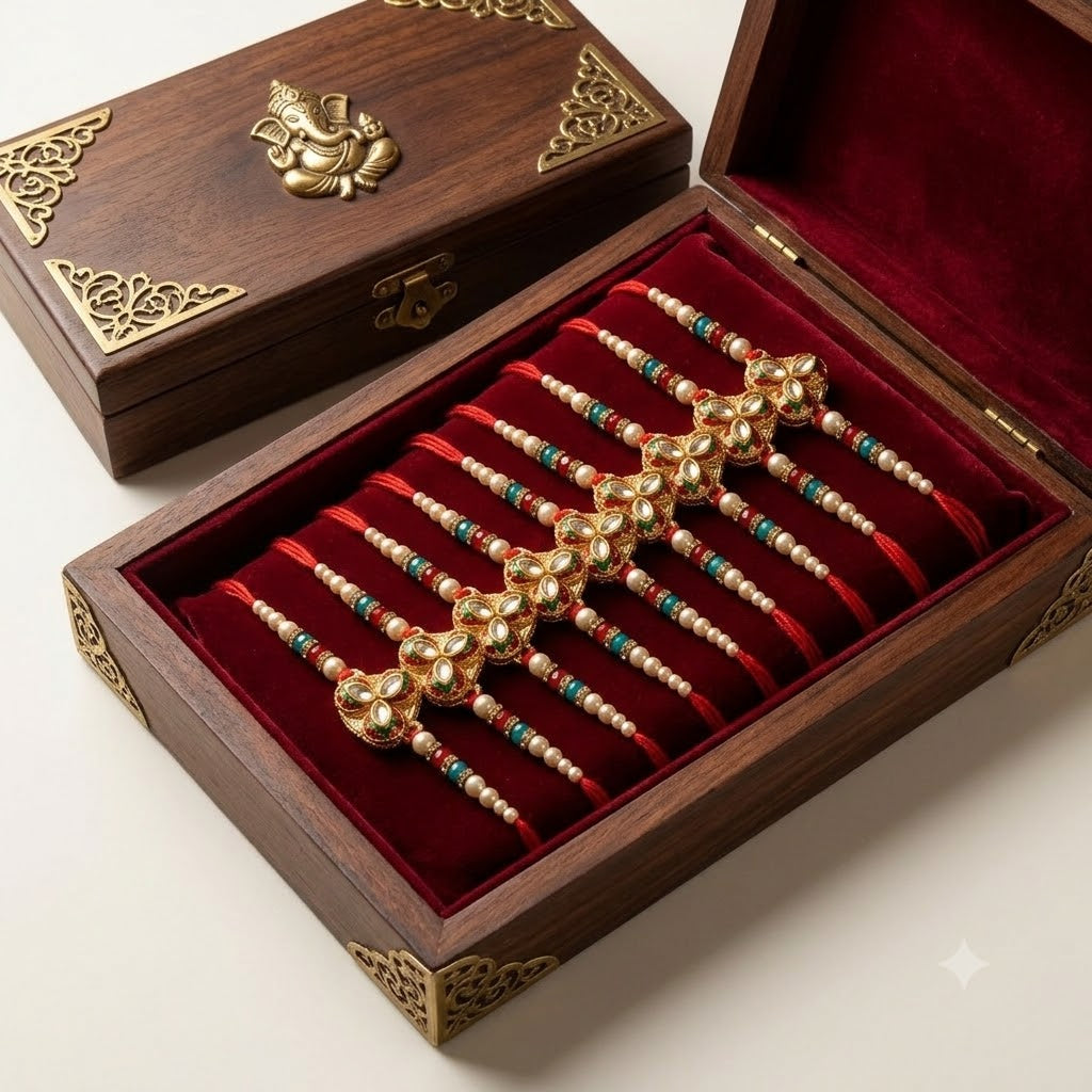 A set of traditional Indian Rakhi bracelets with gold-plated floral motifs, white beads, and green accents,