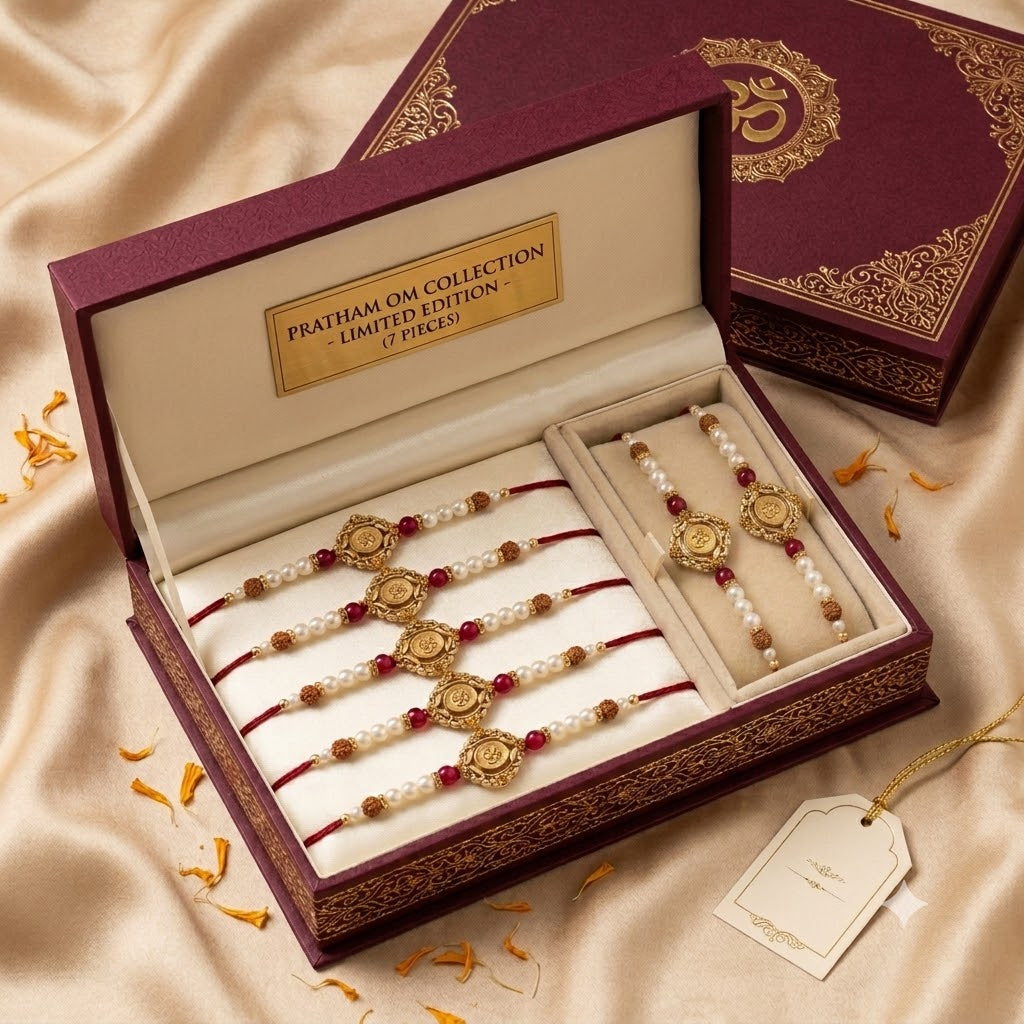 An open maroon presentation box containing four traditional Indian rakhi bracelets with white pearl-like beads, red thread, 