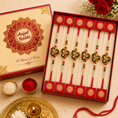 An open red gift box displaying five decorative Rakhi .
