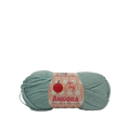 A skein of Angora yarn in a dusty sage green color with a pink paper label, shown on a clean white background.