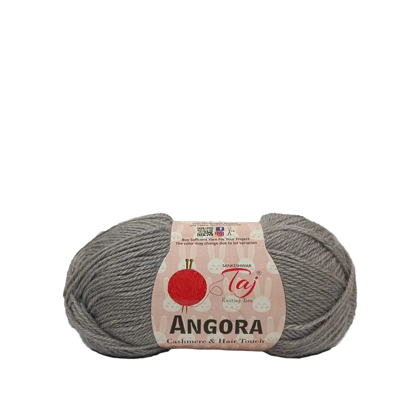 A skein of gray Angora yarn with a pink paper label, photographed on a clean white background.