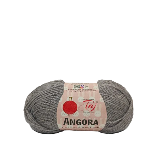 A skein of gray Angora yarn with a pink paper label, photographed on a clean white background.