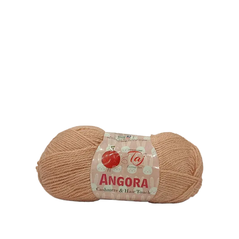 A skein of Angora yarn in a warm beige/tan shade, featuring a paper label