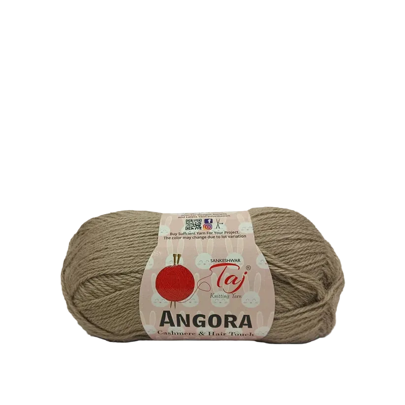 A skein of Angora yarn in a warm taupe-brown shade, wrapped with a paper label 