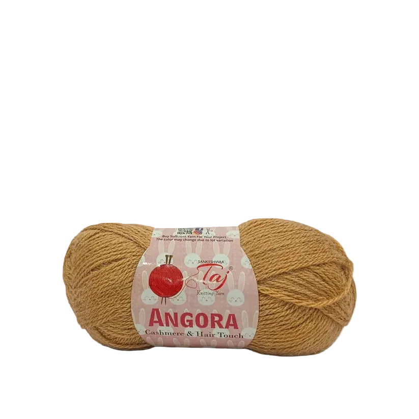 A single skein of light brown yarn with a white paper label that reads 'Angora'
