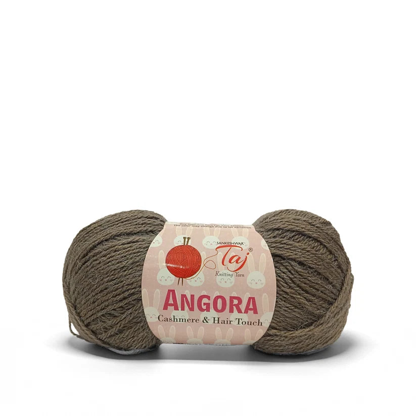 A skein of Angora yarn in a warm taupe-brown color, with its white paper label showing the brand name 'Angora'