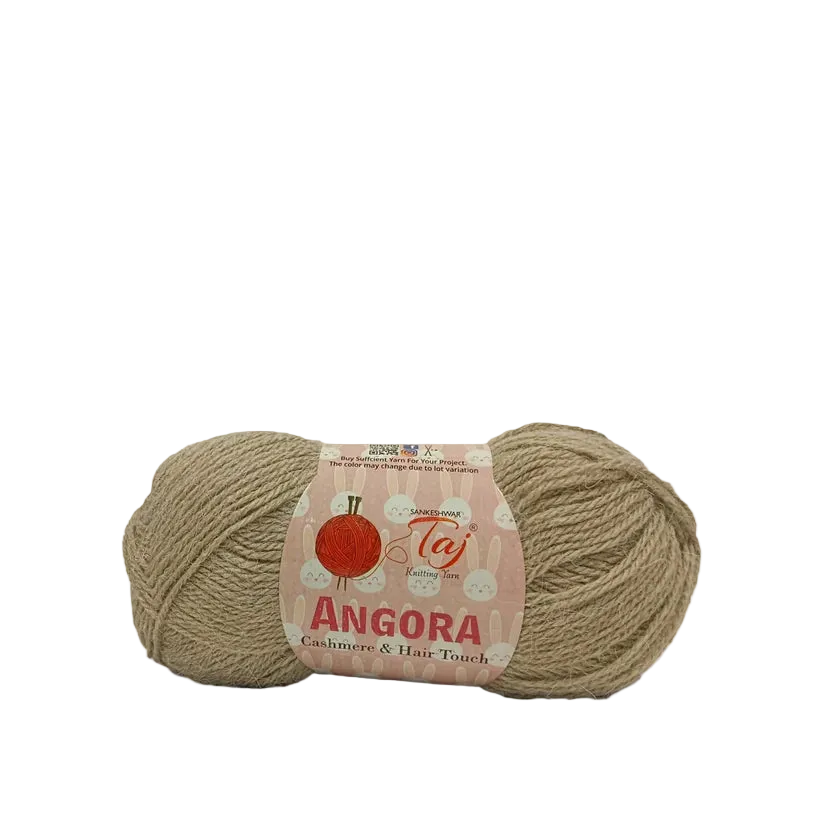 A ball of beige yarn with a red and white paper label, photographed against a plain white background.