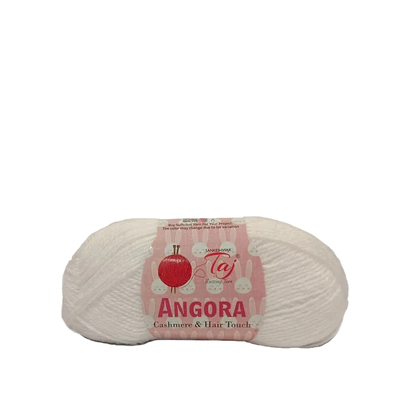 A skein of Angora yarn in a soft off-white color, featuring a pink paper label