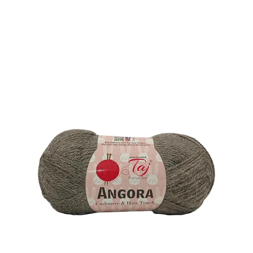 A single skein of Angora wool yarn in a muted taupe-gray color