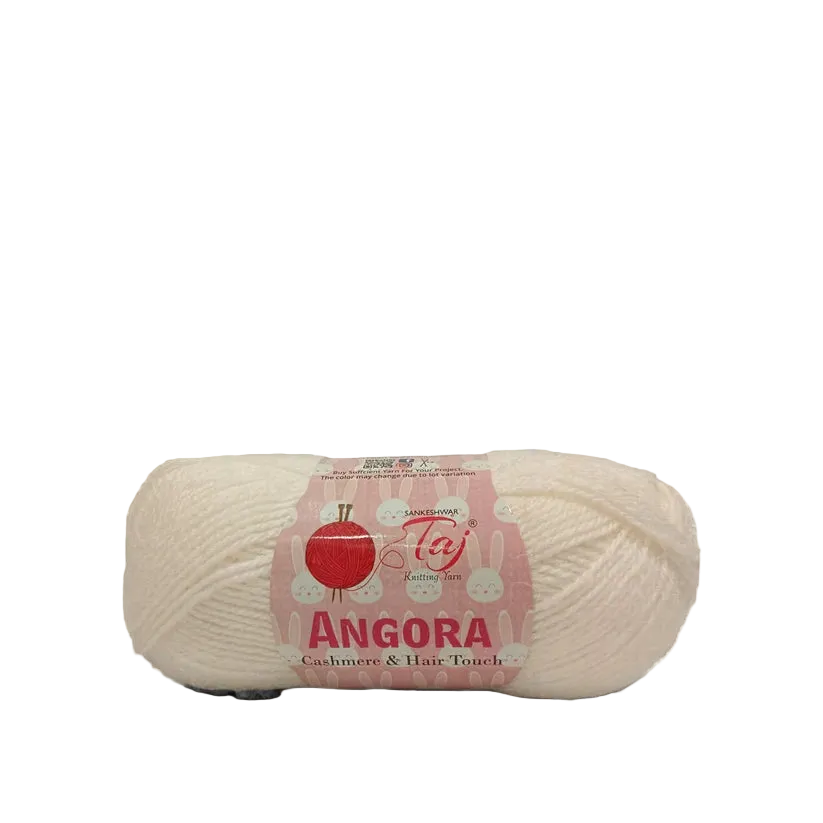 A single skein of Angora yarn in a soft cream color, wrapped with a pink and white paper label 