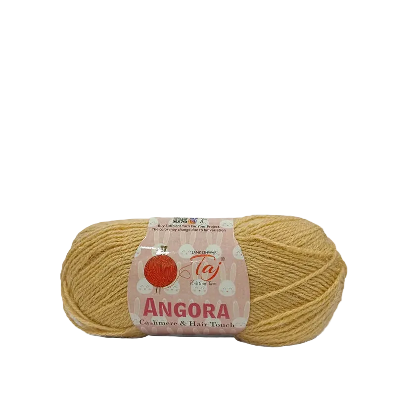 A single ball of light tan/beige yarn with a white paper label reading 'Angora'