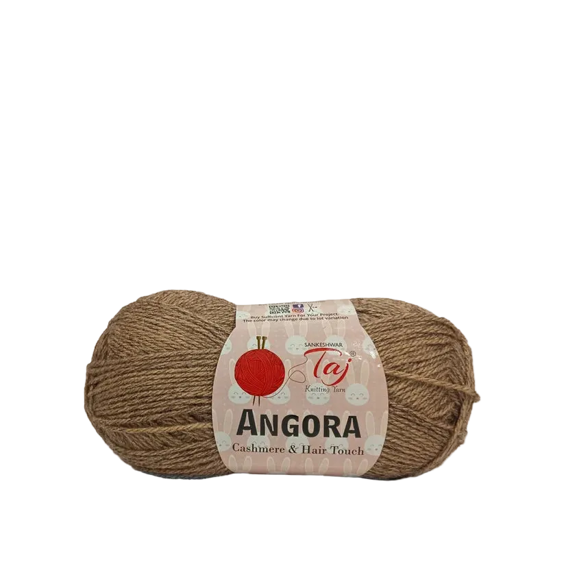 A skein of brown Angora yarn with a paper label, photographed on a clean white background with a soft shadow.