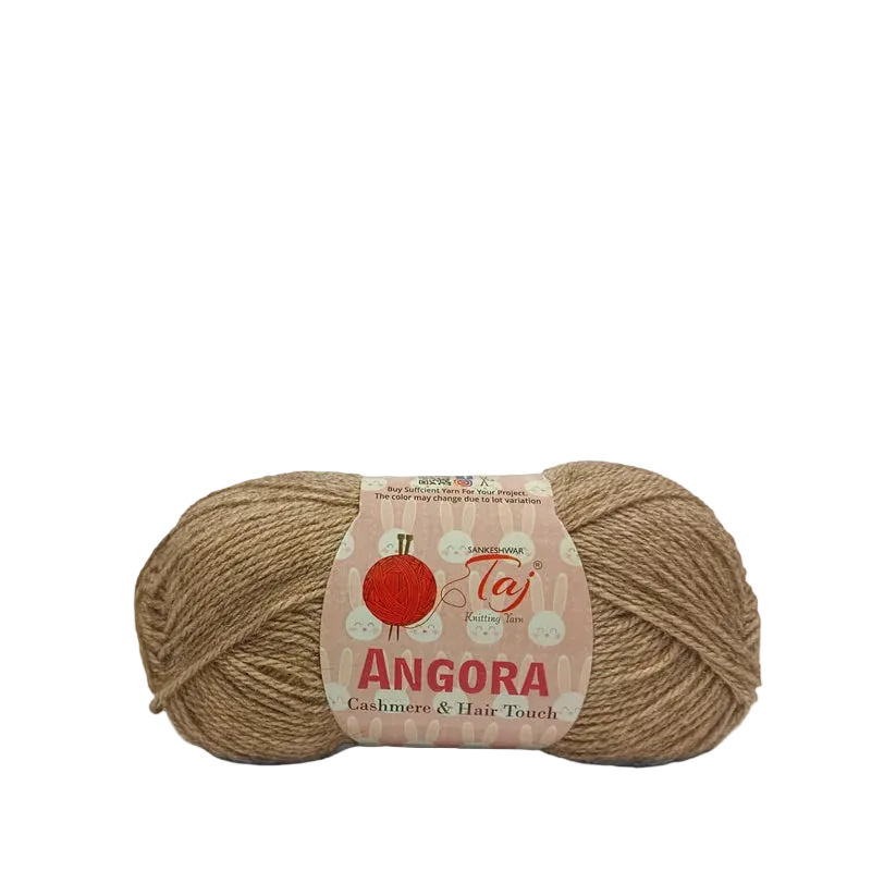 A skein of Angora yarn in a warm tan color with a beige and red paper label