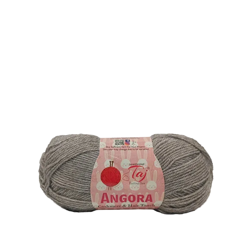 A skein of taupe gray Angora yarn with a pink paper label, displayed on a clean white background.