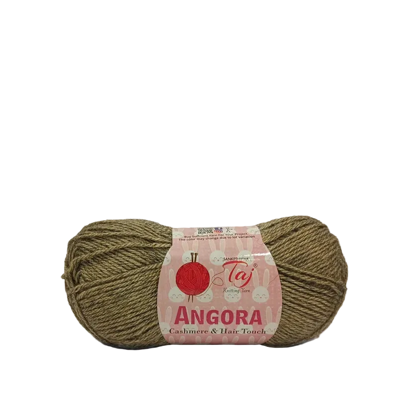 A skein of brown Angora yarn with a pink paper label, photographed on a clean white background.