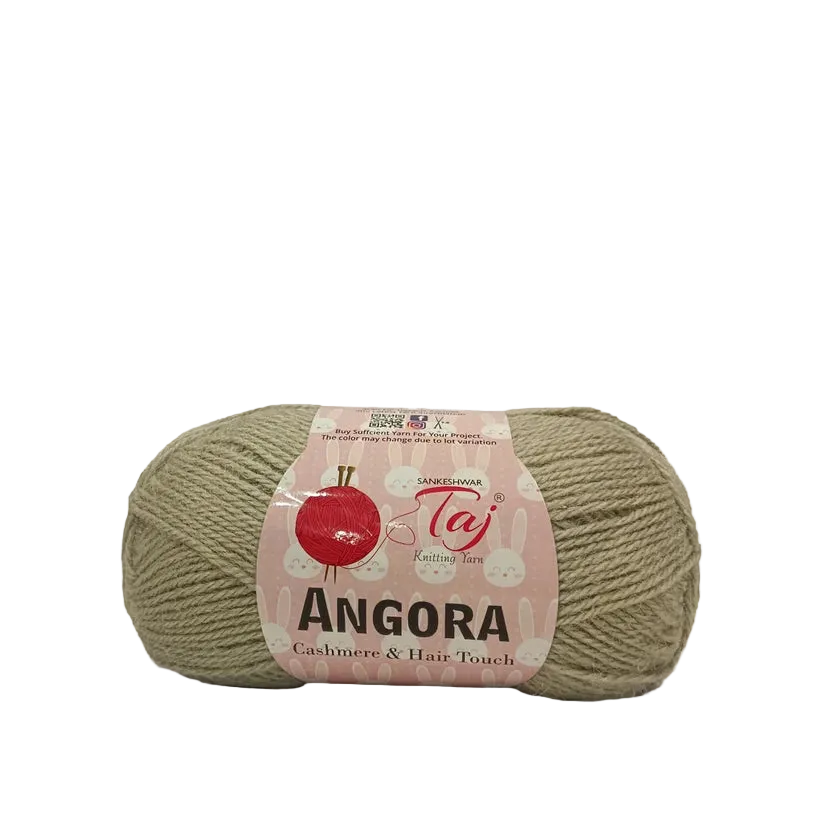 A skein of Taj Angora knitting yarn in a light beige/khaki color