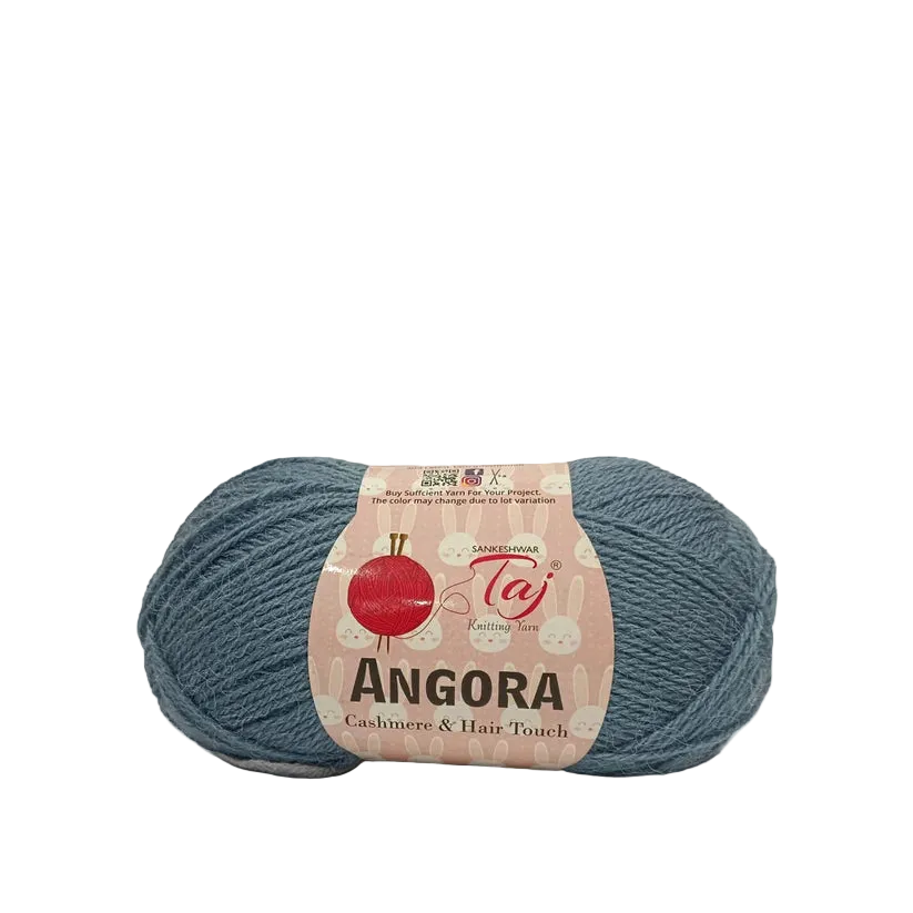 A skein of Angora yarn in a dusty slate blue-gray color, wrapped with a pink paper label.