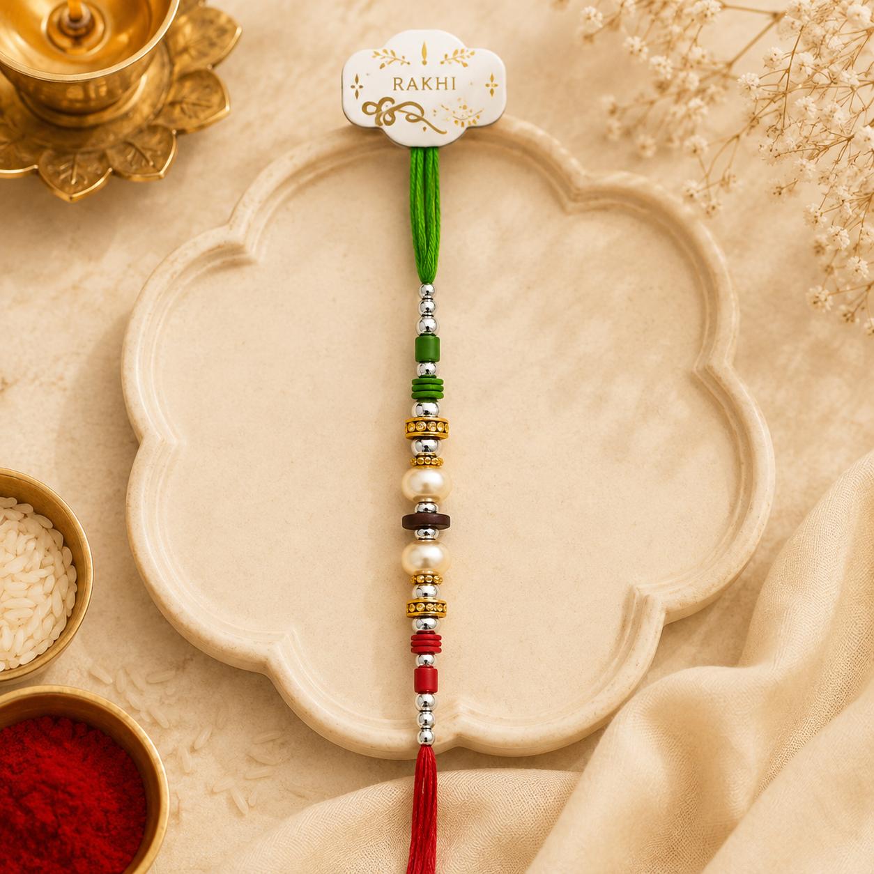 Green & Red Beaded Rakhi | Traditional RAKHI Thread with Tassel