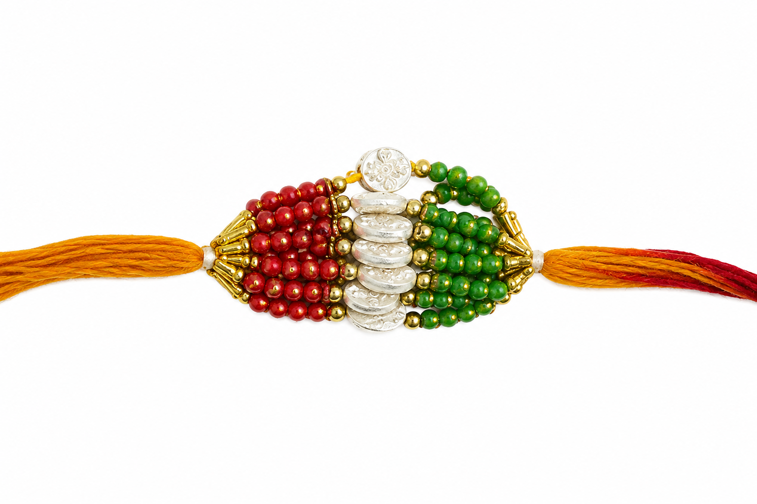 A traditional Indian Rakhi bracelet featuring a central beadwork design in the colors of the Indian flag: red on the left, green on the right, and silver-white in the center, finished with orange and red tassels on both ends.