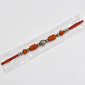 A red and orange beaded bracelet with silver-toned metallic accents