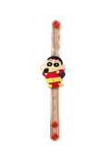 A clear plastic stick toy with red circular end pieces