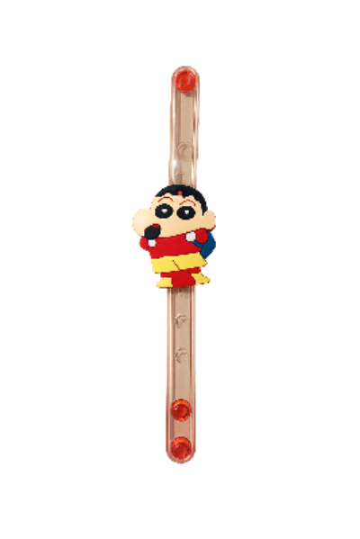 A clear plastic stick toy with red circular end pieces