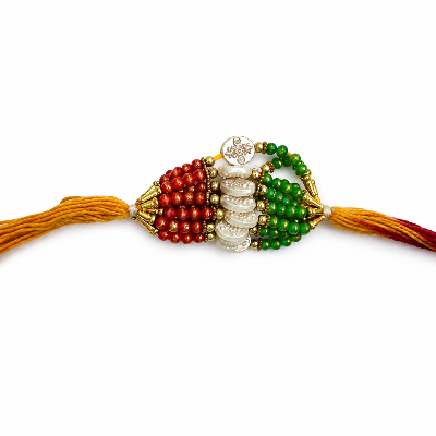 Handmade Rakhi with Red, White & Green Beads | Golden Accent Rakhi for Brother