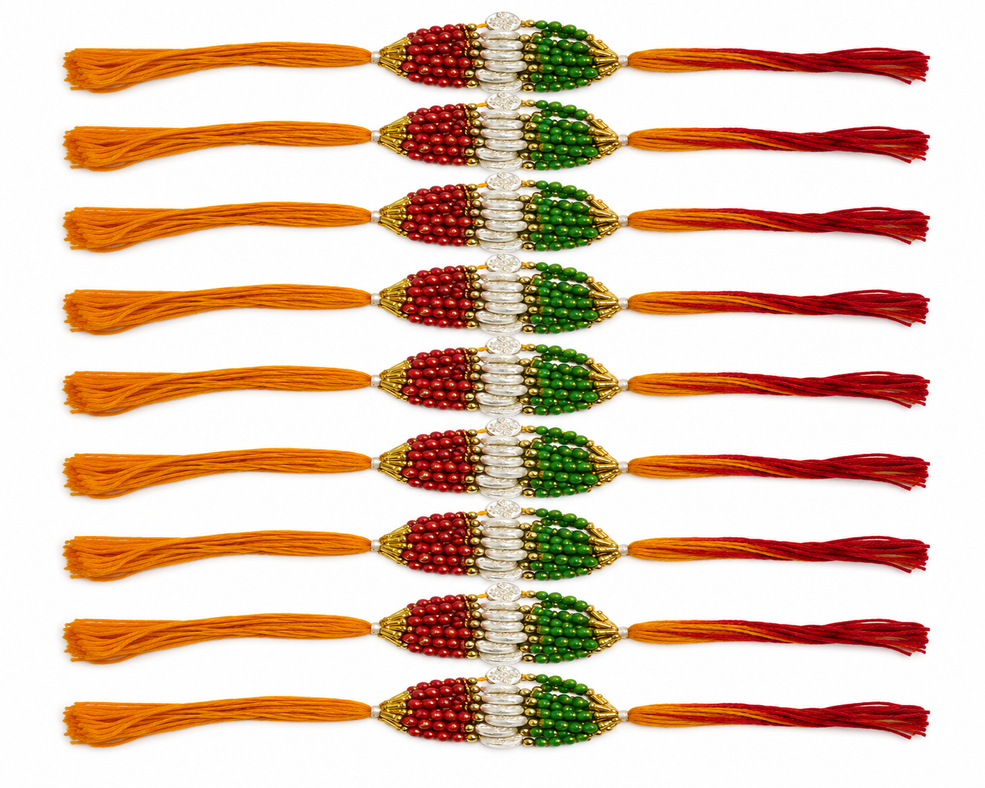 Pack of 12 handcrafted traditional Indian rakhis featuring red and green beadwork, silver decorative centerpieces, gold accents, and multicolor cotton threads, arranged neatly on a white background for Raksha Bandhan celebrations.