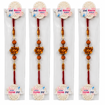 Four packaged Rakhi sets arranged vertically on a white