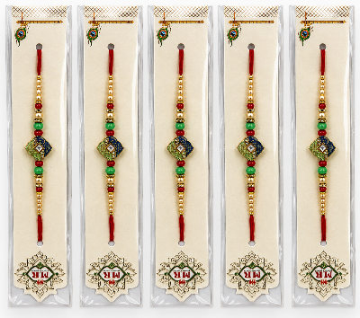 Five packaged Rakhi beaded wristlets arranged vertically 