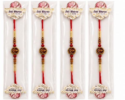 Four packaged Jai Shree Lakshmi Rakhi strands displayed