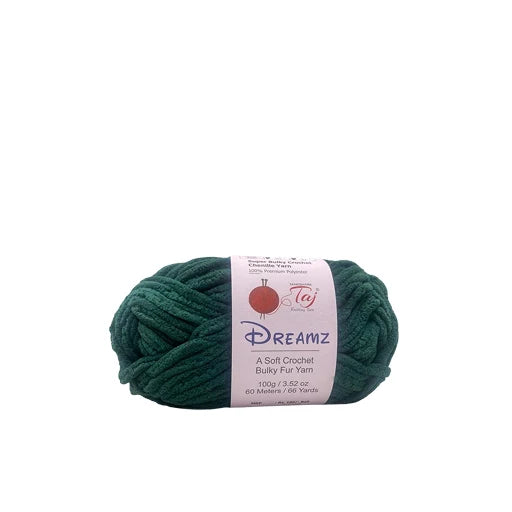 A skein of dark teal green yarn with a white paper label that reads 'Dreamz A Soft Crochet Bulky Fleece Yarn' 