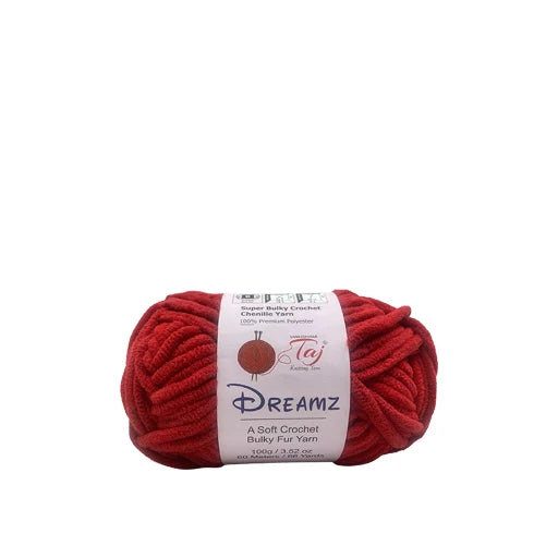 A skein of red Dreamz A Soft Crochet Bulky Fur Yarn with a white paper label,