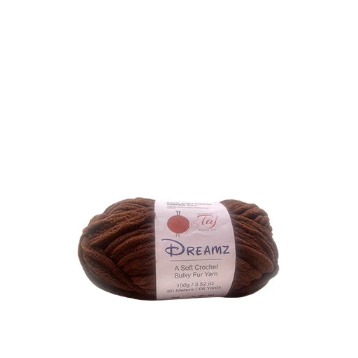 A skein of Dreamz Bulky Fur Yarn in a warm brown color, featuring a white paper label with the brand logo.
