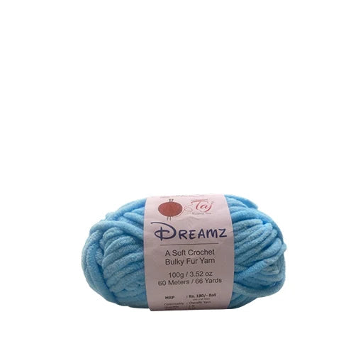 A skein of light blue bulky fur yarn with a white paper label wrapped around it,